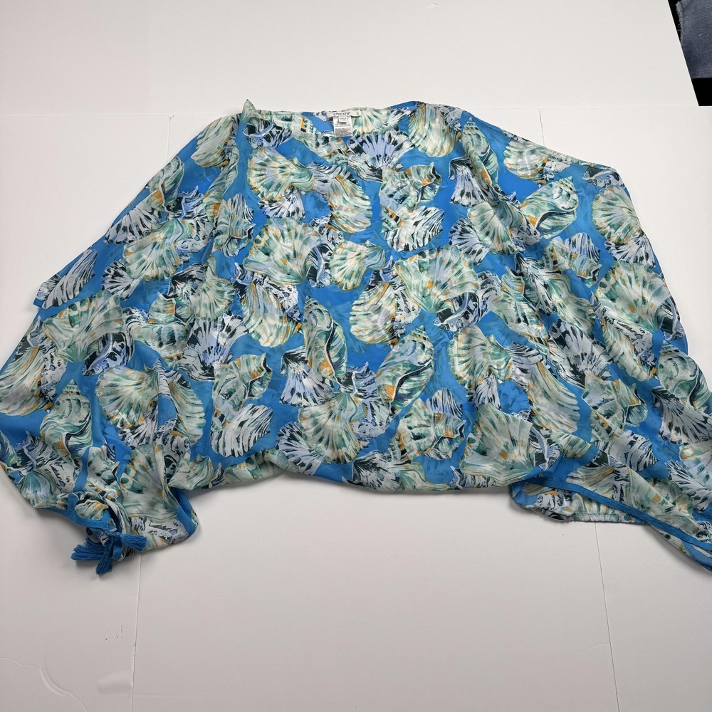 Chicos Poncho Top Womens L XL Blue Seashell Print Sheer Tassel Swim Cover Up